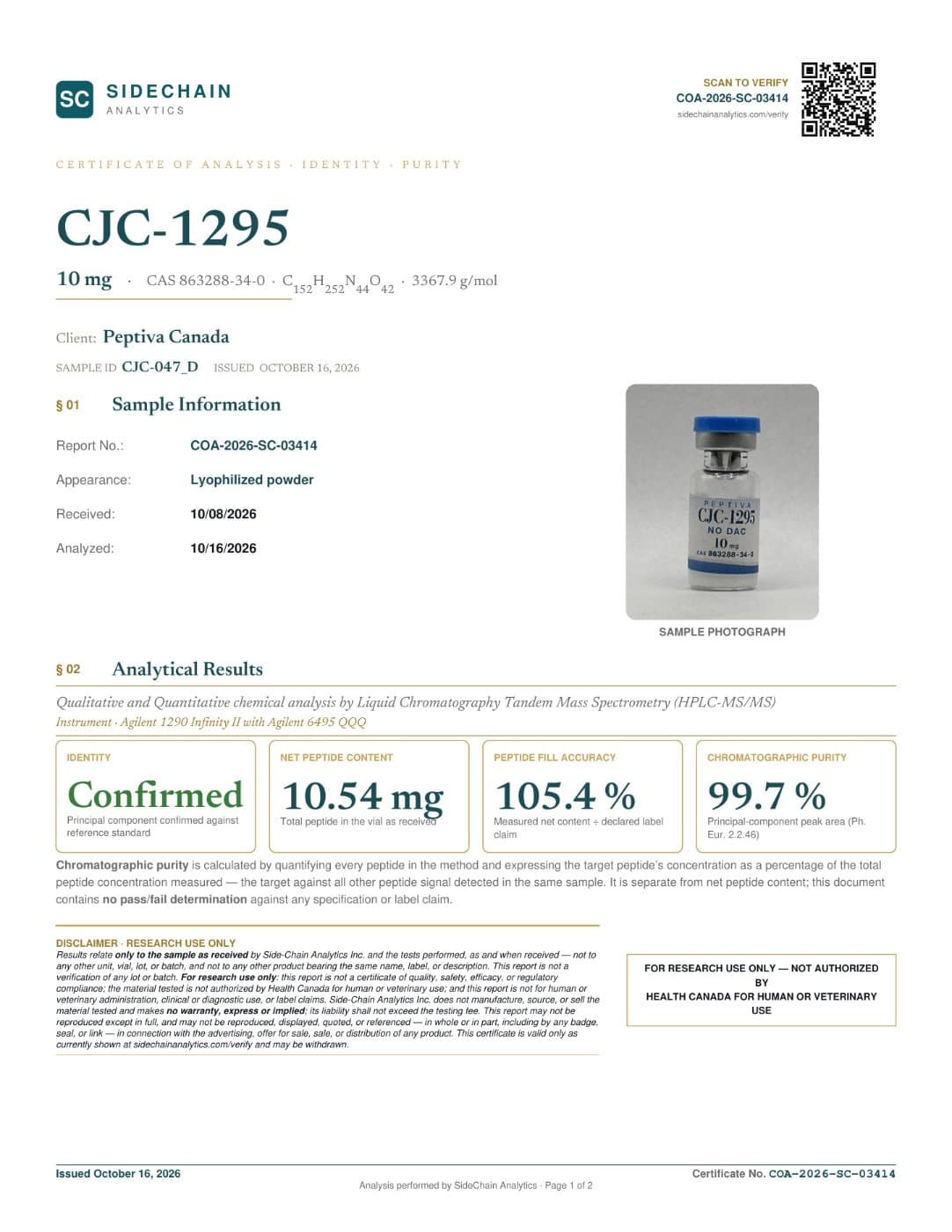 Certificat d'analyse (COA) · CJC-1295 (sans DAC)