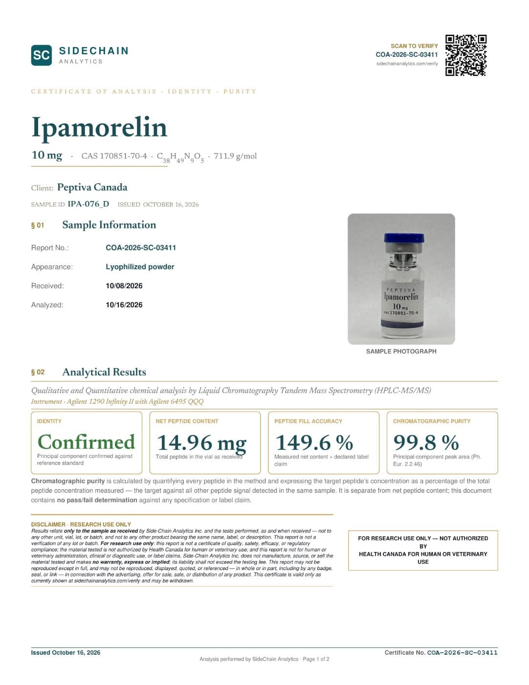 Certificat d'analyse (COA) · Ipamorelin