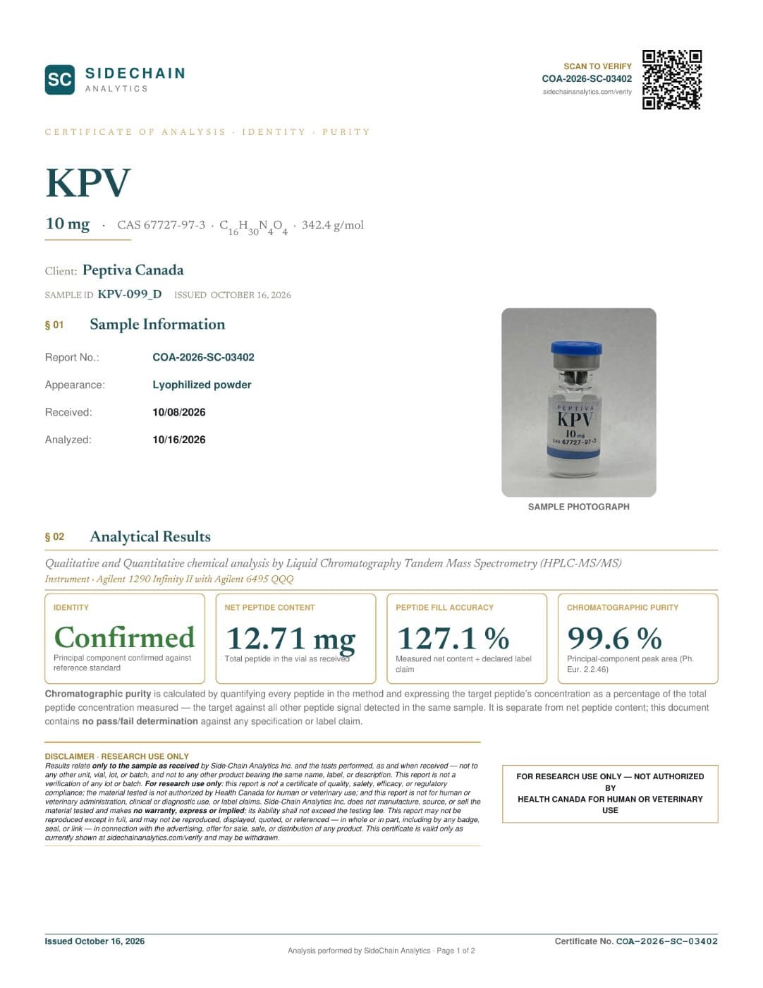 Certificat d'analyse (COA) · KPV