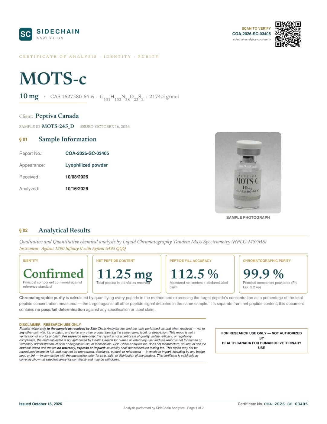 Certificat d'analyse (COA) · MOTS-c