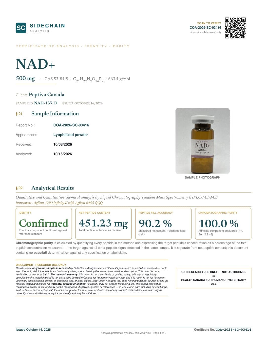 Certificat d'analyse (COA) · NAD+