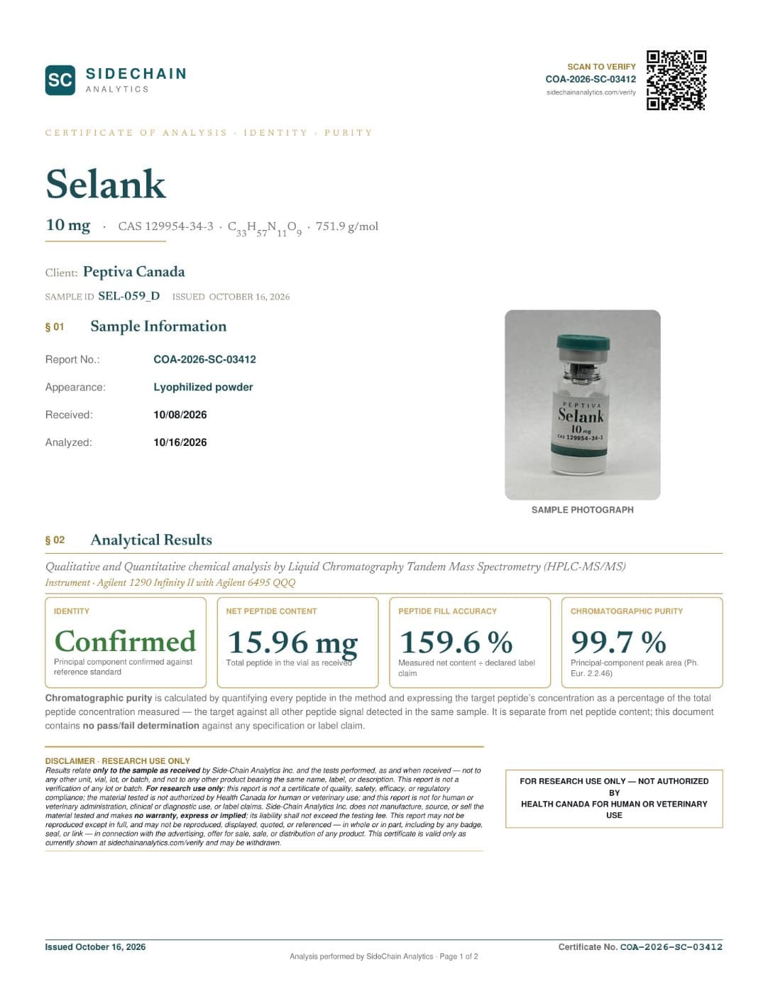 Certificat d'analyse (COA) · Selank