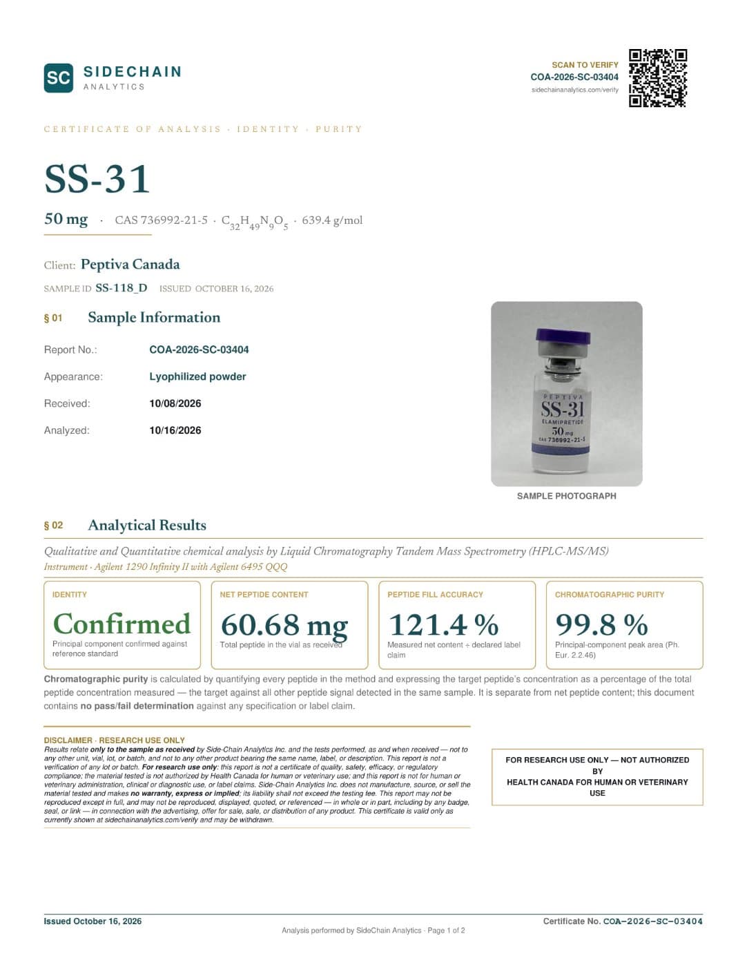 Certificat d'analyse (COA) · SS-31