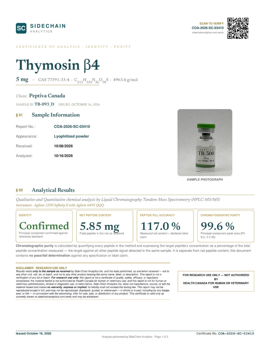 Certificat d'analyse (COA) · TB-500