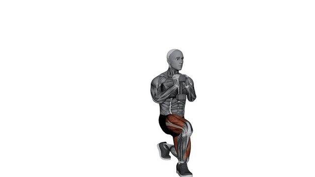 Dumbbell Goblet Forward Lunge, position finale du mouvement, sur la même silhouette, muscle sollicité coloré en rouge.