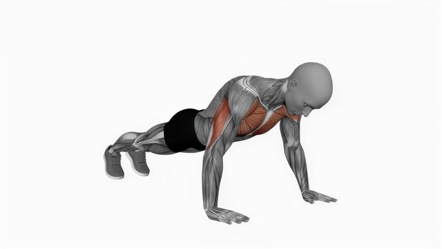 Normal Push-Up, position de départ du mouvement, sur une silhouette anatomique dont le muscle sollicité est coloré en rouge.