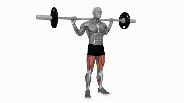 Barbell Full Squat, position de départ du mouvement, sur une silhouette anatomique dont le muscle sollicité est coloré en rouge.