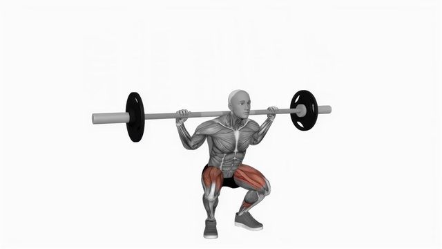 Barbell Full Squat, position finale du mouvement, sur la même silhouette, muscle sollicité coloré en rouge.